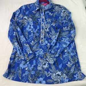 Lilly Pulitzer Womens Blue Floral Half Button Long Sleeve Tunics Tops Size Small